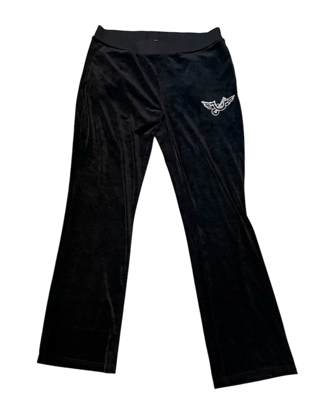 True Religion Black Velour Flare Pants with Bedazzled Logo